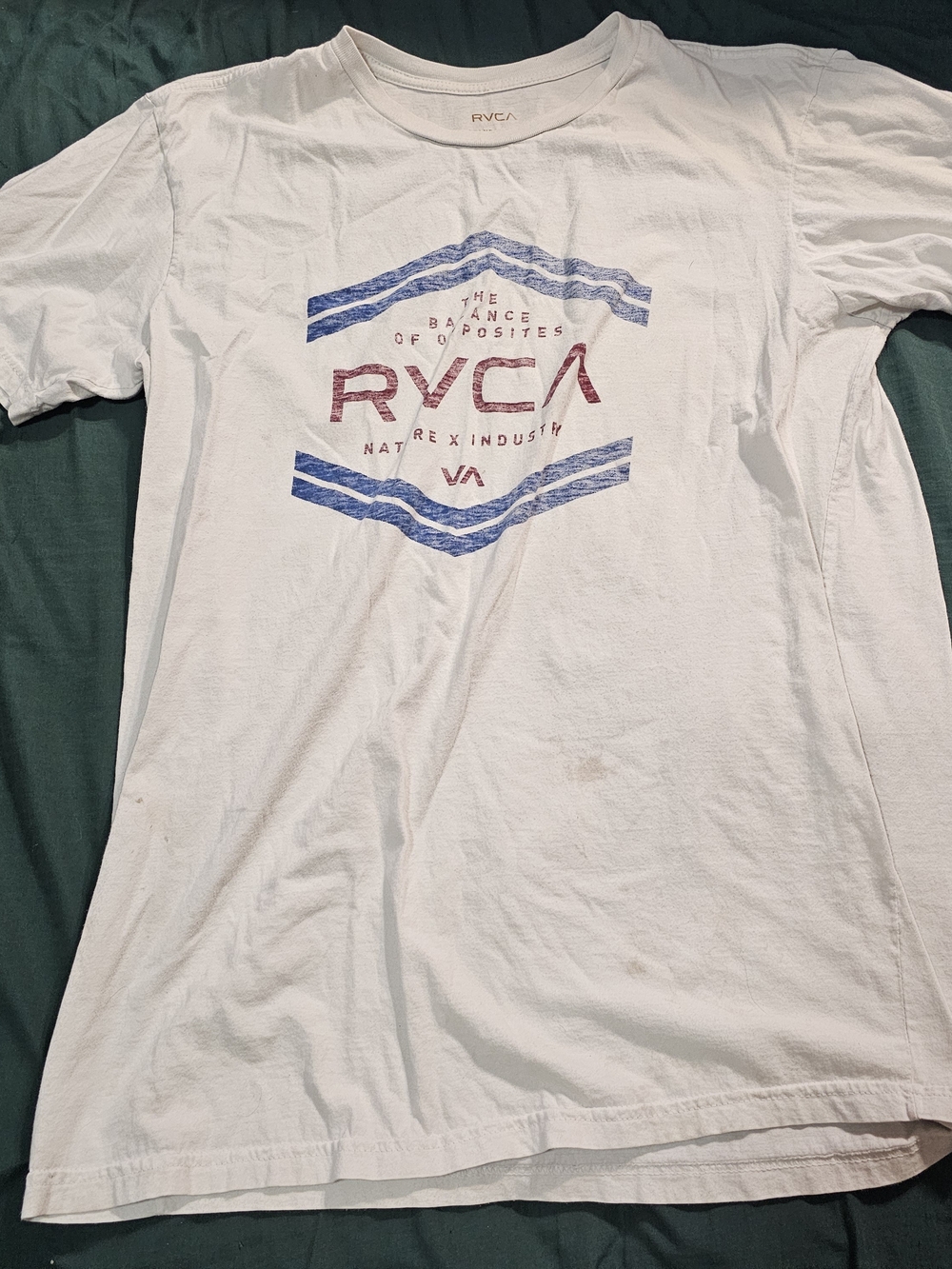 RVCA White Short Sleeve Tee with Red Logo and Blue Graphic